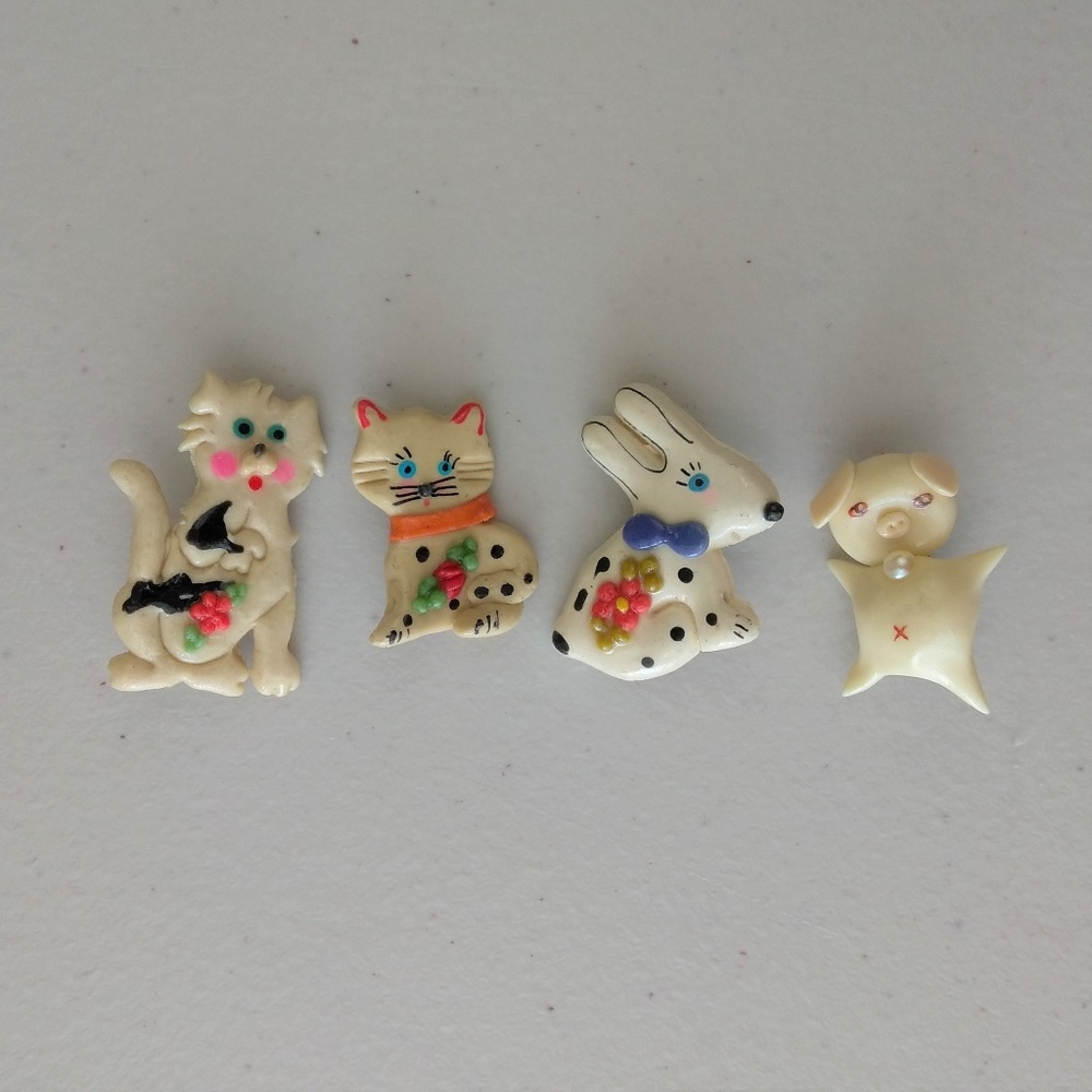 clay animal pins - pig cat dog rabbit